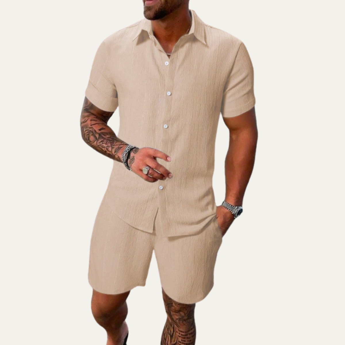 Men's Casual Button Up Shirt And Shorts Set
