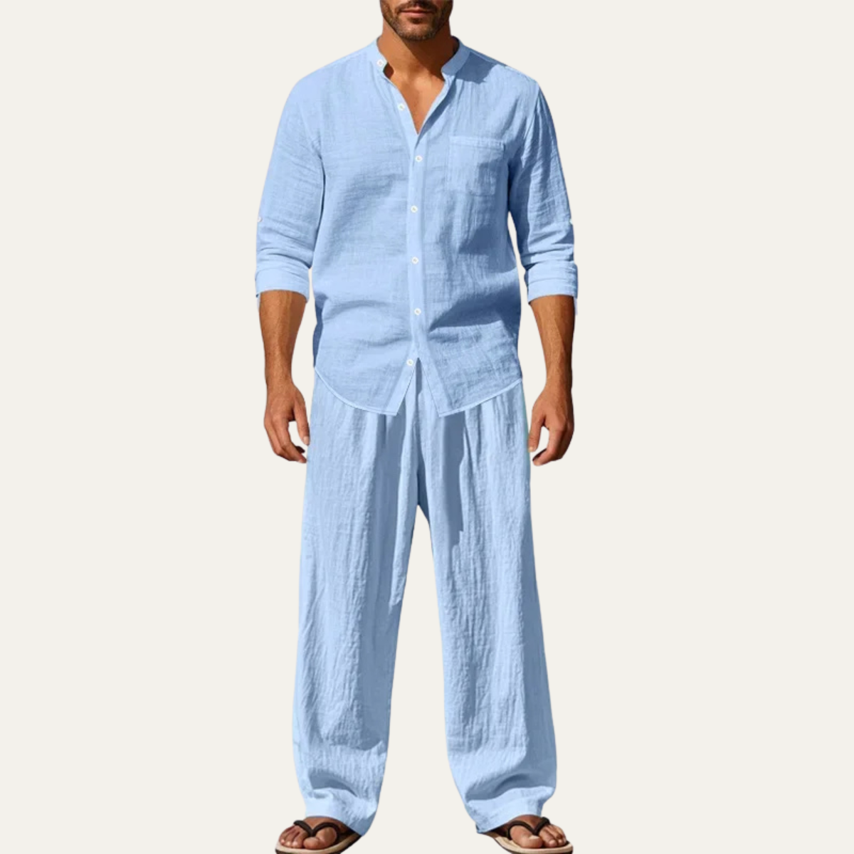 Mens Linen Two Piece Set Shirt Pants Casual