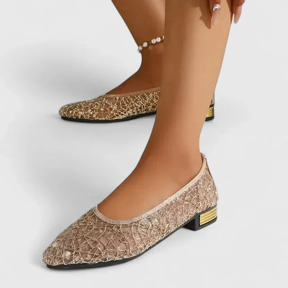 Women's Lace Pointed Toe Flat Shoes Low Block Heel