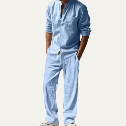 Mens Linen Two Piece Set Shirt Pants Casual