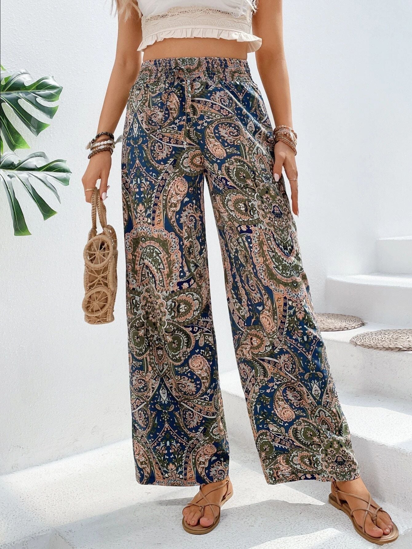 Women's Wide Leg Trousers Slanted Pockets Boho Style