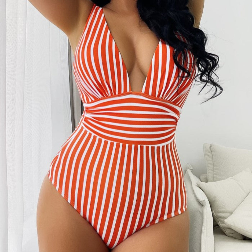 Women's Striped Halter Neck One Piece Swimsuit