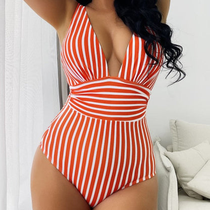 Women's Striped Halter Neck One Piece Swimsuit