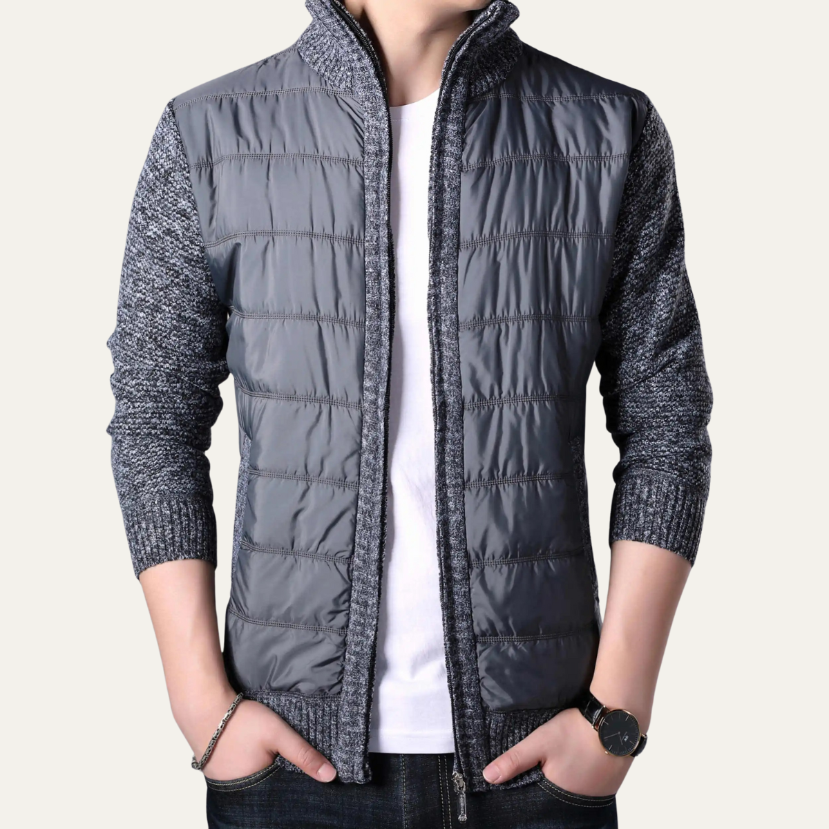 Men's Puffer Jacket Zip Up Knit Sleeve Winter Black
