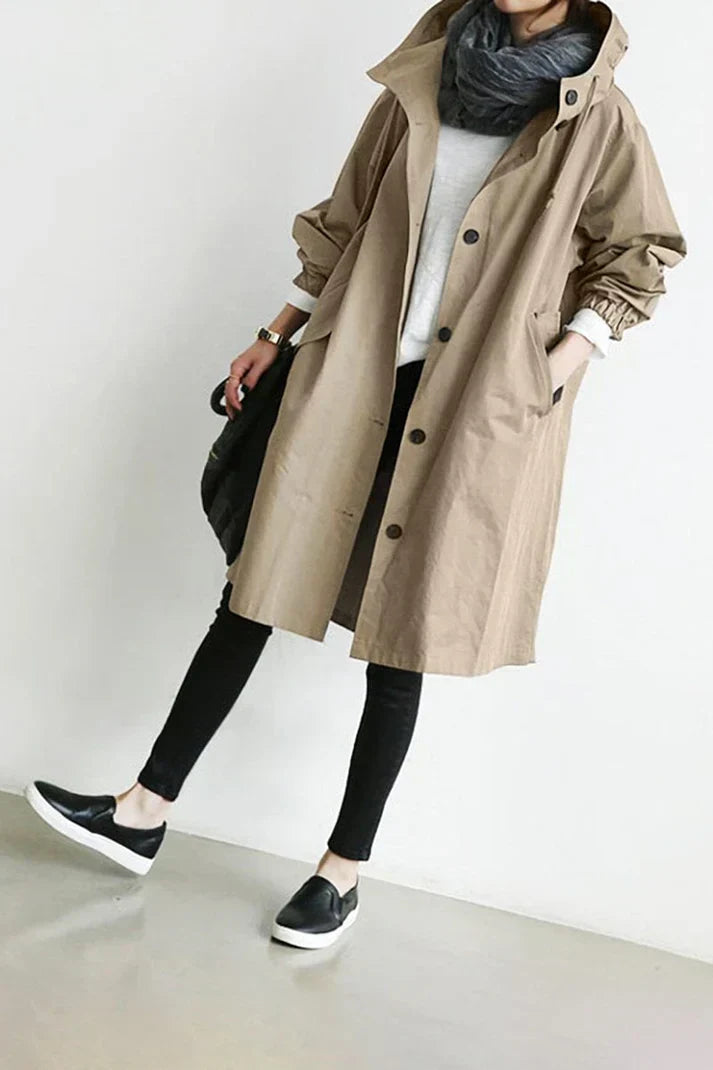 Women's Hooded Trench Coat Oversized Cotton Button Up Beige