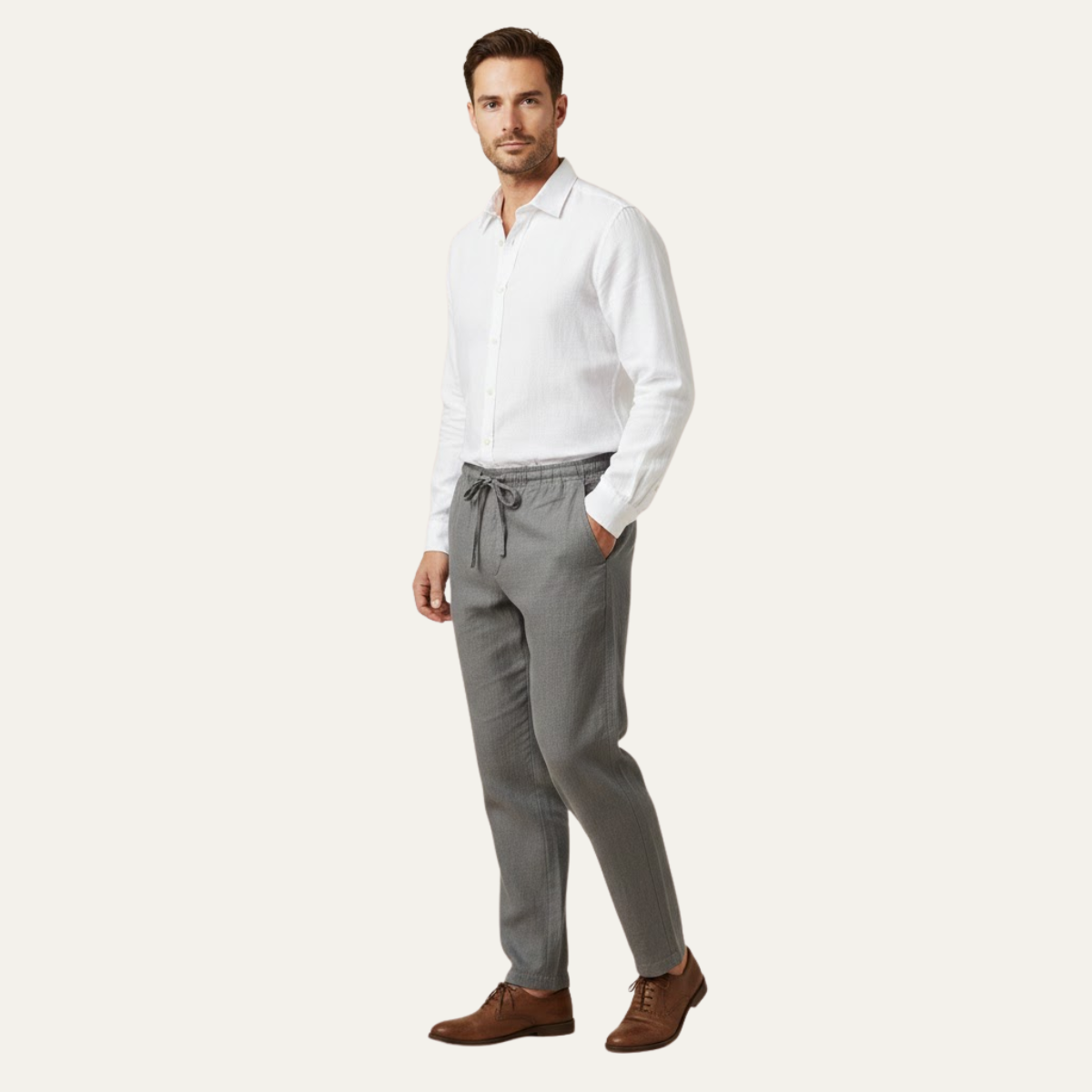 Mens Cotton Linen Drawstring Pants Loose Fit Beige