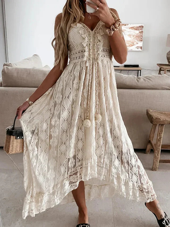 Women's Bohemian Lace Maxi Dress Flared Sleeves