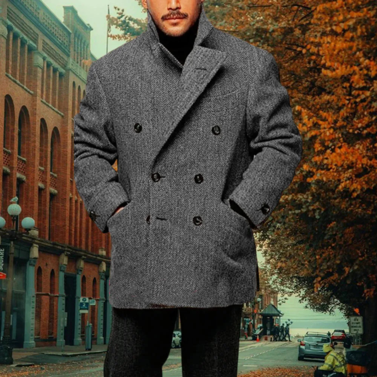 Men's Tweed Blazer Wool Blend Double Breasted Brown