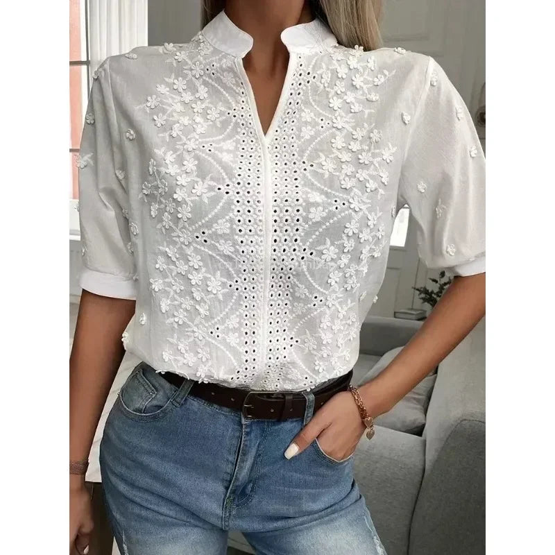 Women's White Embroidered V-Neck Blouse - Vonnera