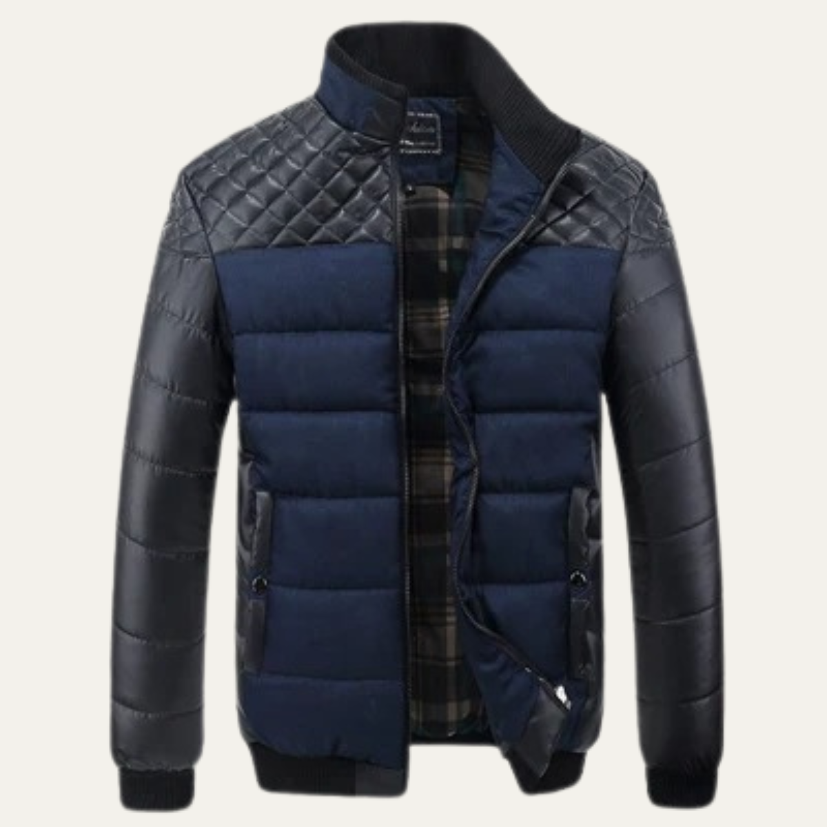 Roma Men's Leather Jacket Quilted Stand Collar