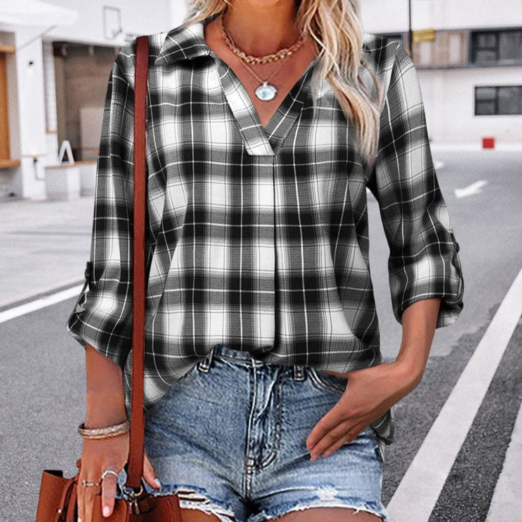 Women's Checked V Neck Long Sleeve Blouse - Vonnera