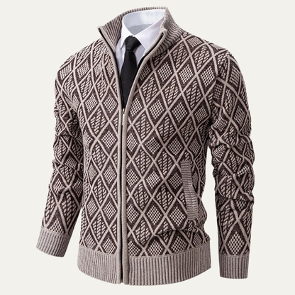 Men's Knit Diamond Zip Jacket with Stand Collar