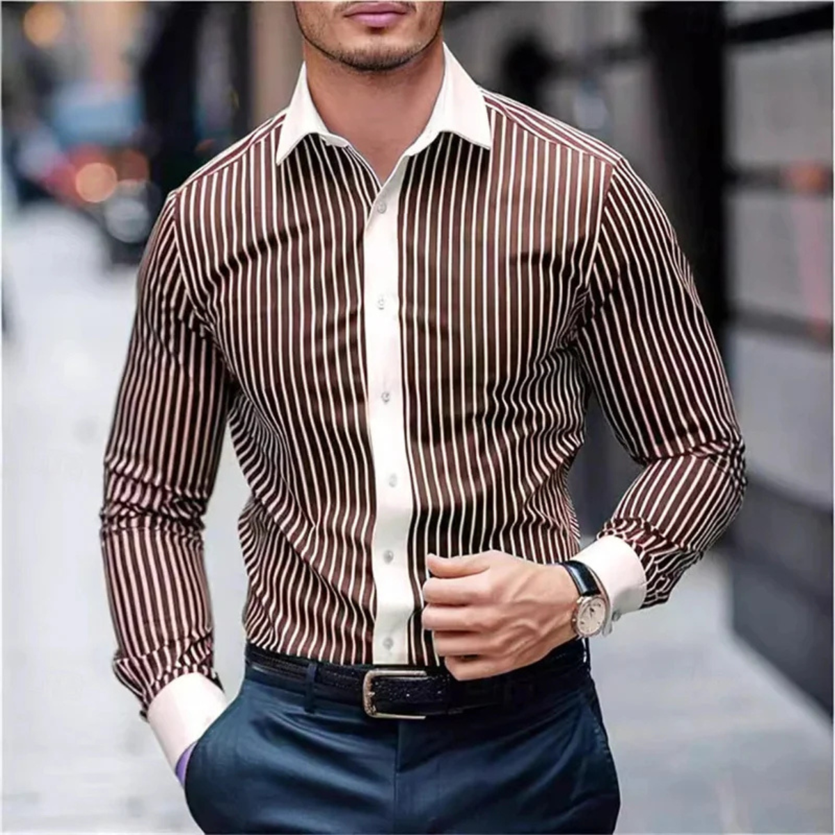 Men's Casual Shirt Multicolor Vertical Stripe Cotton
