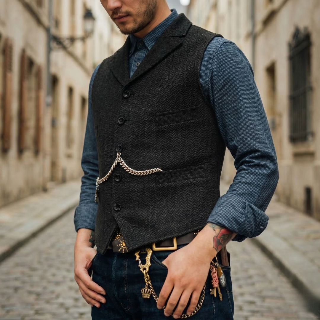 Men’s Tweed Vest Classic Herringbone Waistcoat
