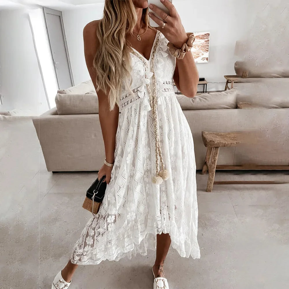 BreezeCharm Women's Lace Tie Dress with Tassels