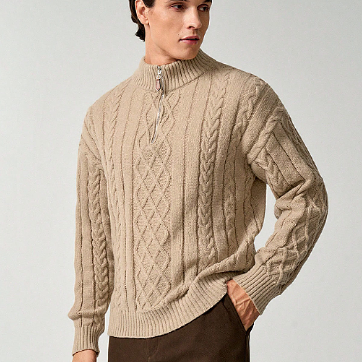 Men's Cable Knit Half Zip Sweater Chunky Warm Knit