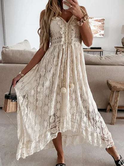 Women's Bohemian Maxi Dress Lace Flared Sleeves