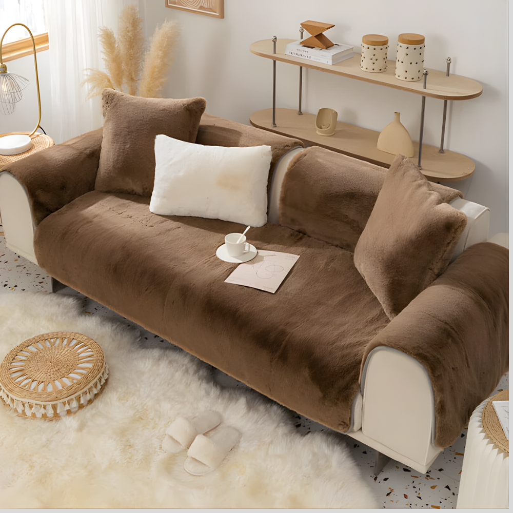 Faux Fur Sectional Sofa Cover Soft Plush Beige