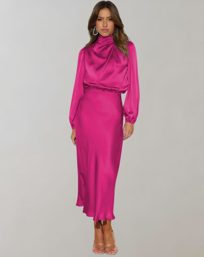 Women's Satin Long Sleeve Evening Dress