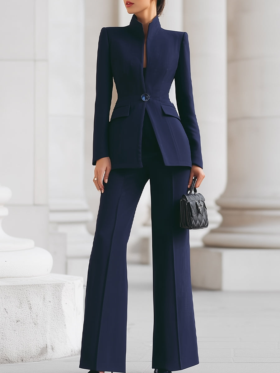 Women's Stand Collar Blazer Suit Set Wide Leg Pants - Vonnera