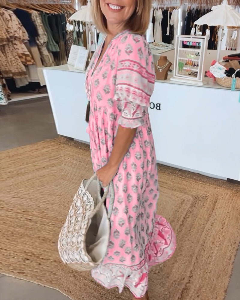 Women's Boho Maxi Dress Ruffle Sleeves Tiered