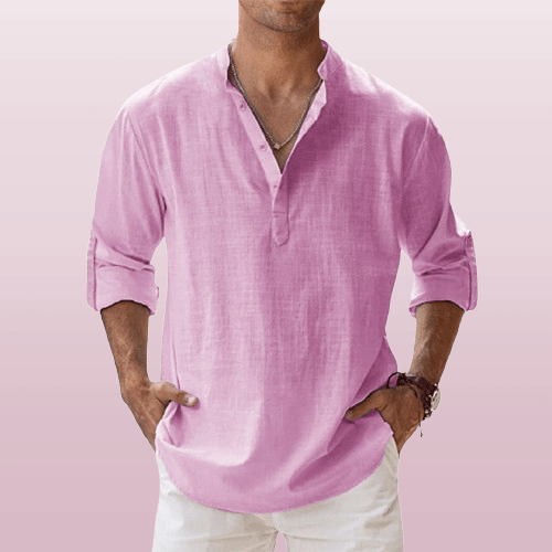 Men's Linen Blend Henley Shirt Long Sleeve Casual Regular Fit