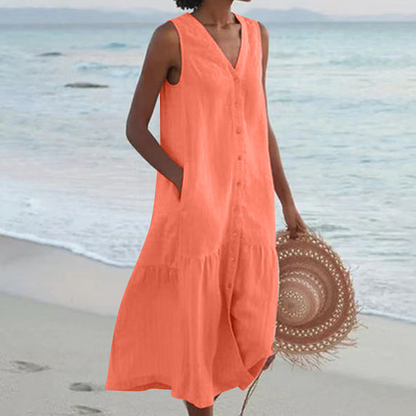 Women's Button-Down Summer Dress Cotton Elegant Beige