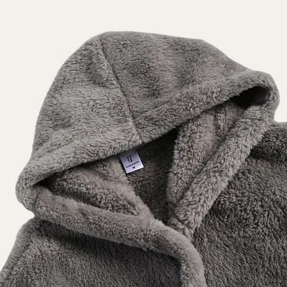 Men's Gray Fleece Hooded Bathrobe With Pockets