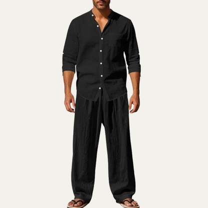 Mens Linen Two Piece Set Shirt Pants Casual