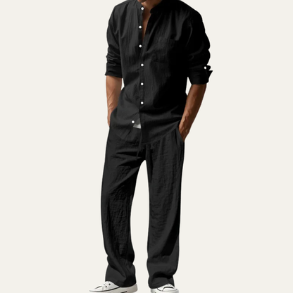 Mens Linen Two Piece Set Shirt Pants Casual
