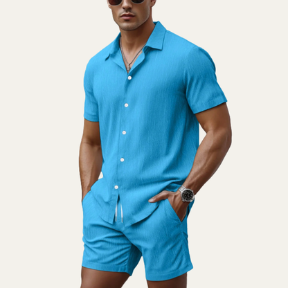 Men's Casual Button Up Shirt And Shorts Set