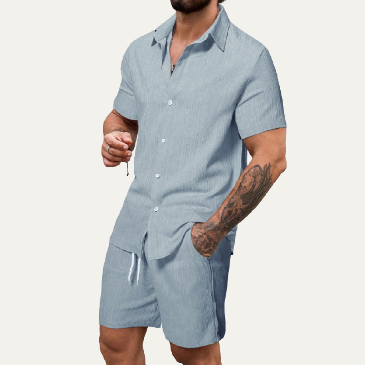 Men's Casual Button Up Shirt And Shorts Set