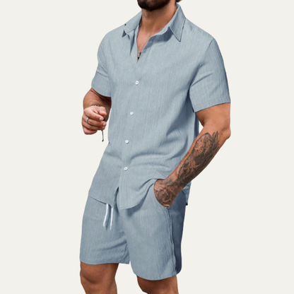 Men's Casual Button Up Shirt And Shorts Set