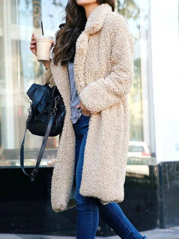 Women's Long Teddy Coat Warm Oversized Lapel Collar