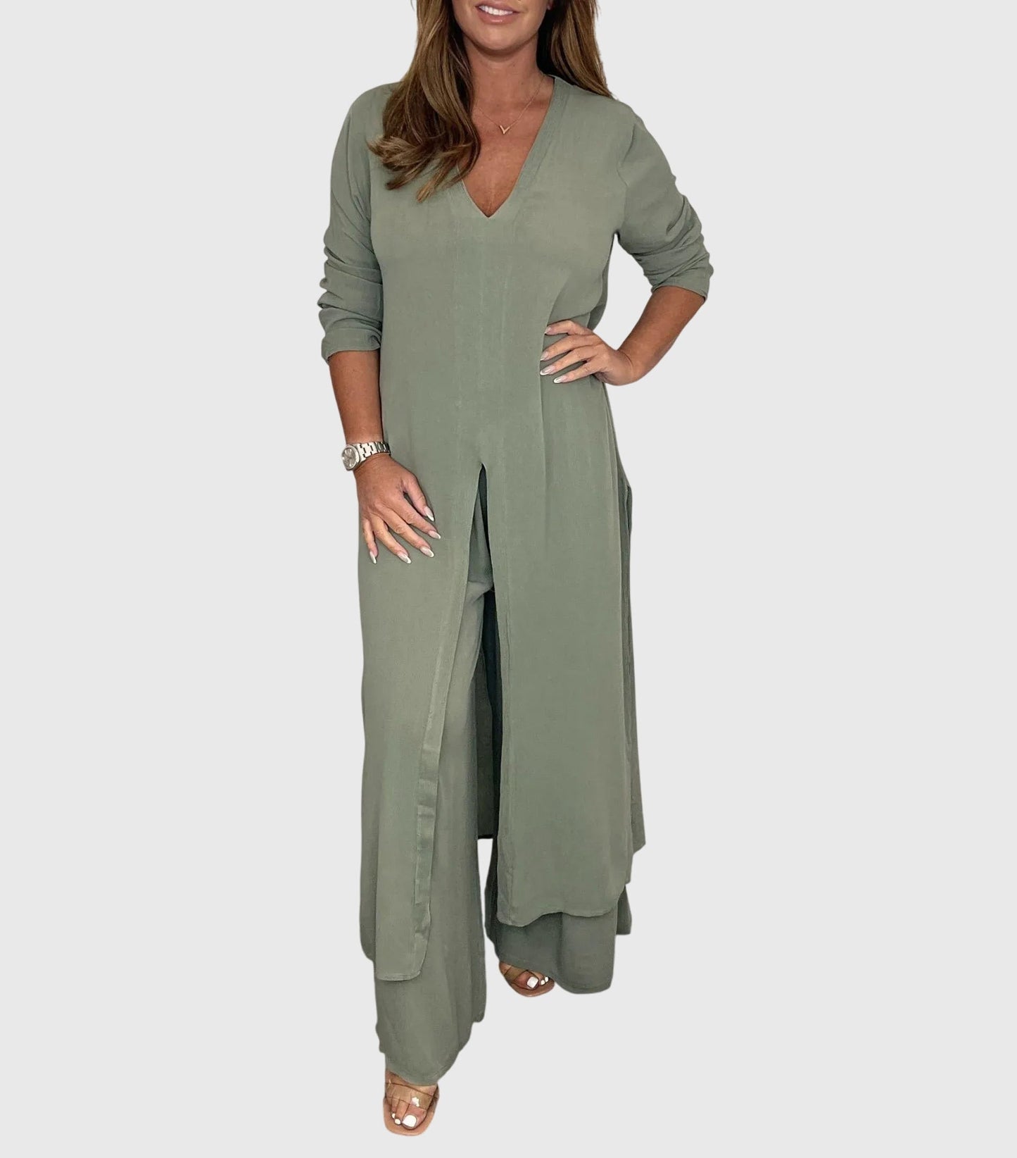 Women's Two-Piece Duster Cardigan Set Wide Leg Pants