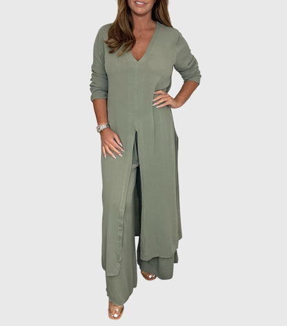 Women's Two-Piece Duster Cardigan Set Wide Leg Pants