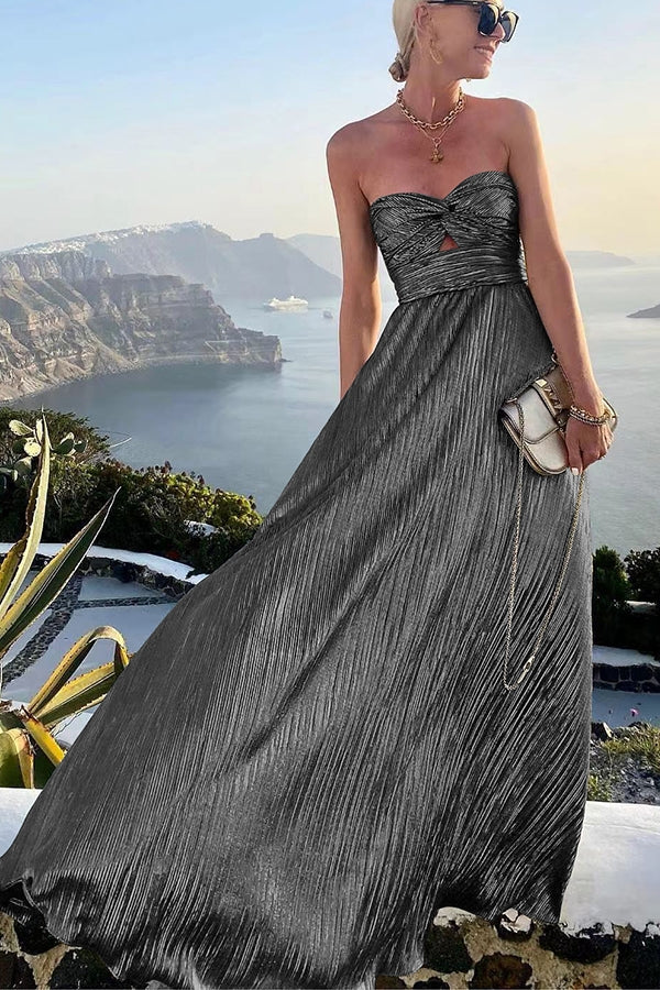 Strapless A-Line Evening Gown Pleated Metallic Design