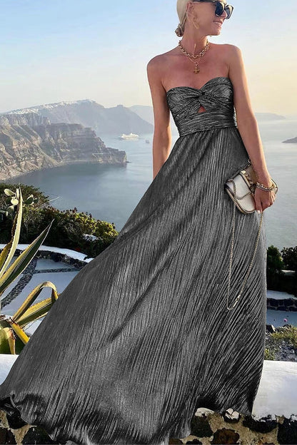Strapless A-Line Evening Gown Pleated Metallic Design