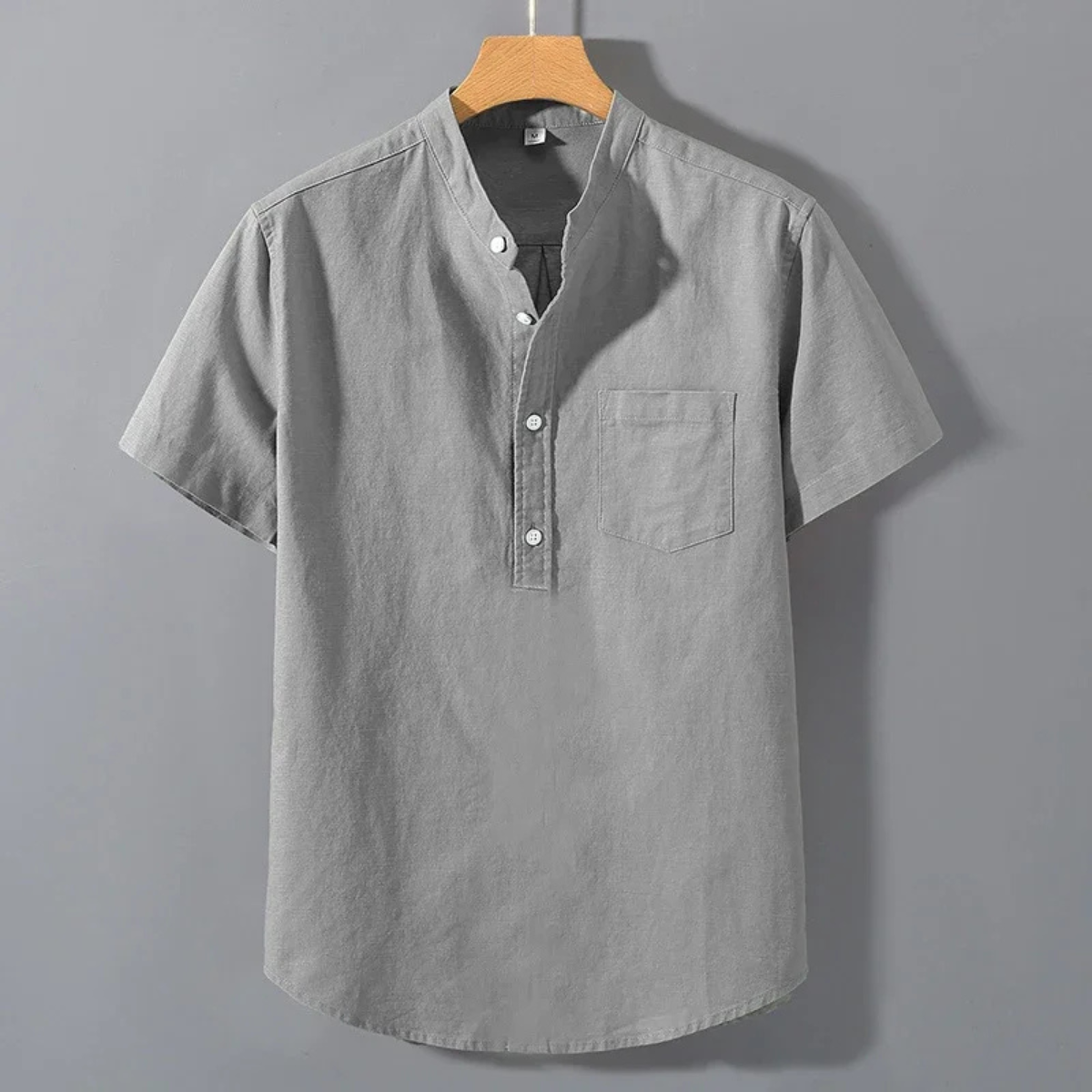 Men's Henley Shirt Stand Collar Cotton Summer Beige