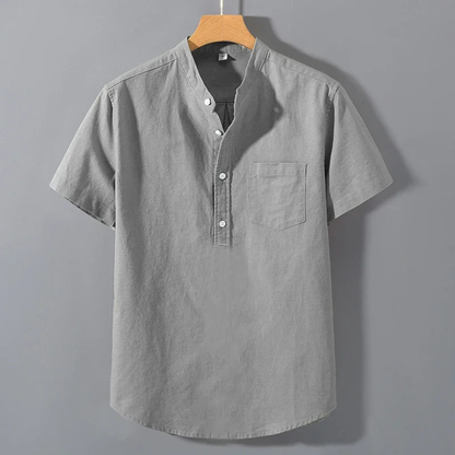 Men's Henley Shirt Stand Collar Cotton Summer Beige