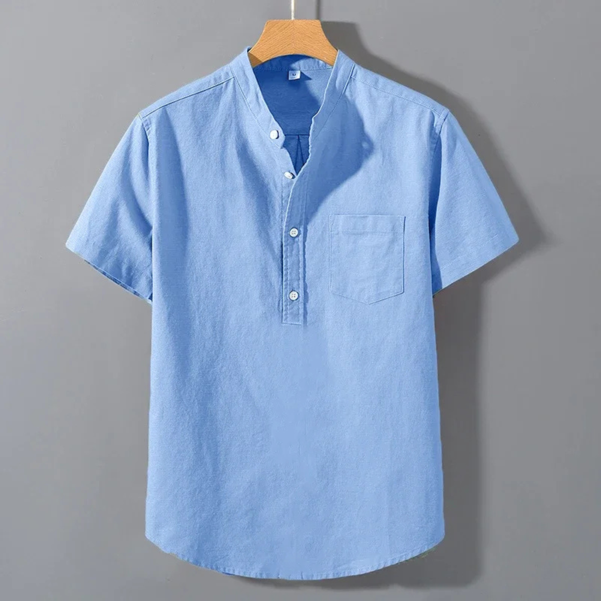 Men's Henley Shirt Stand Collar Cotton Summer Beige