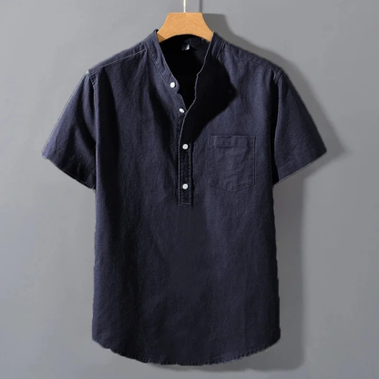 Men's Henley Shirt Stand Collar Cotton Summer Beige