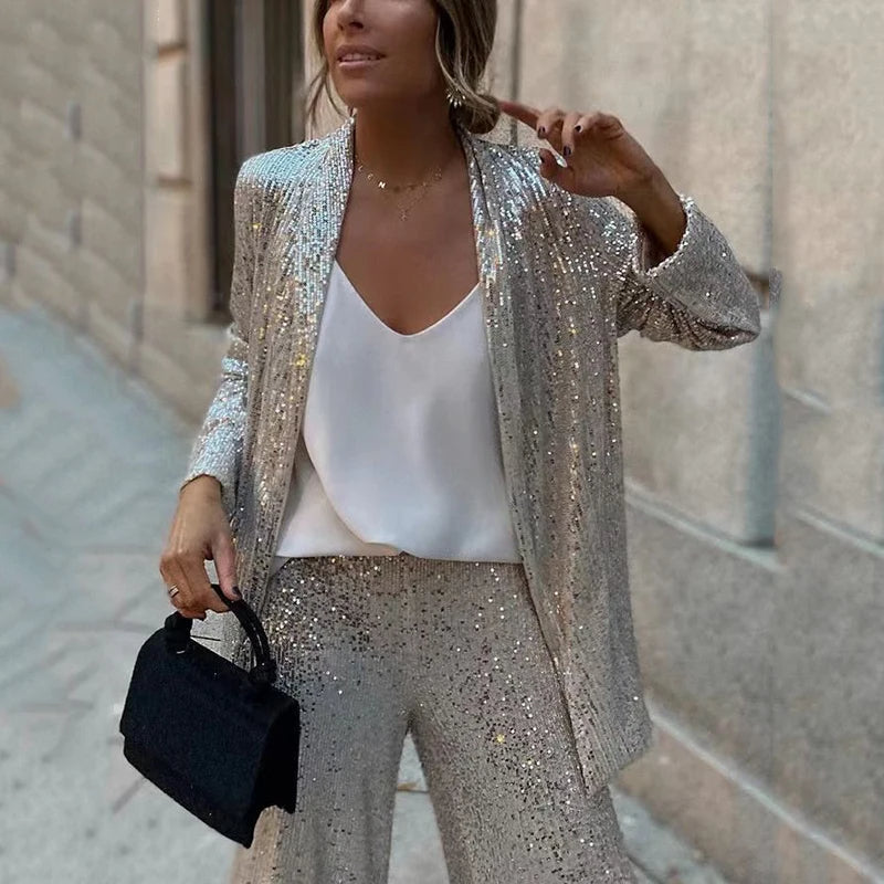 Women's Sequin Two-Piece Set High-Waisted Pants