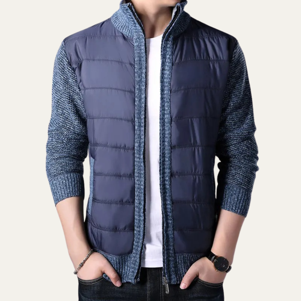 Men's Puffer Jacket Zip Up Knit Sleeve Winter Black