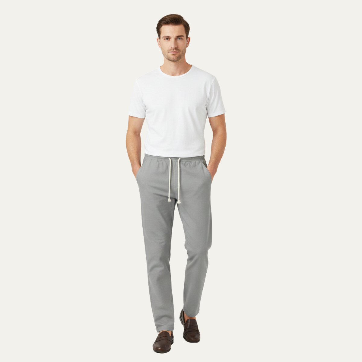 Men's Linen Blend Drawstring Pants Lightweight Beige