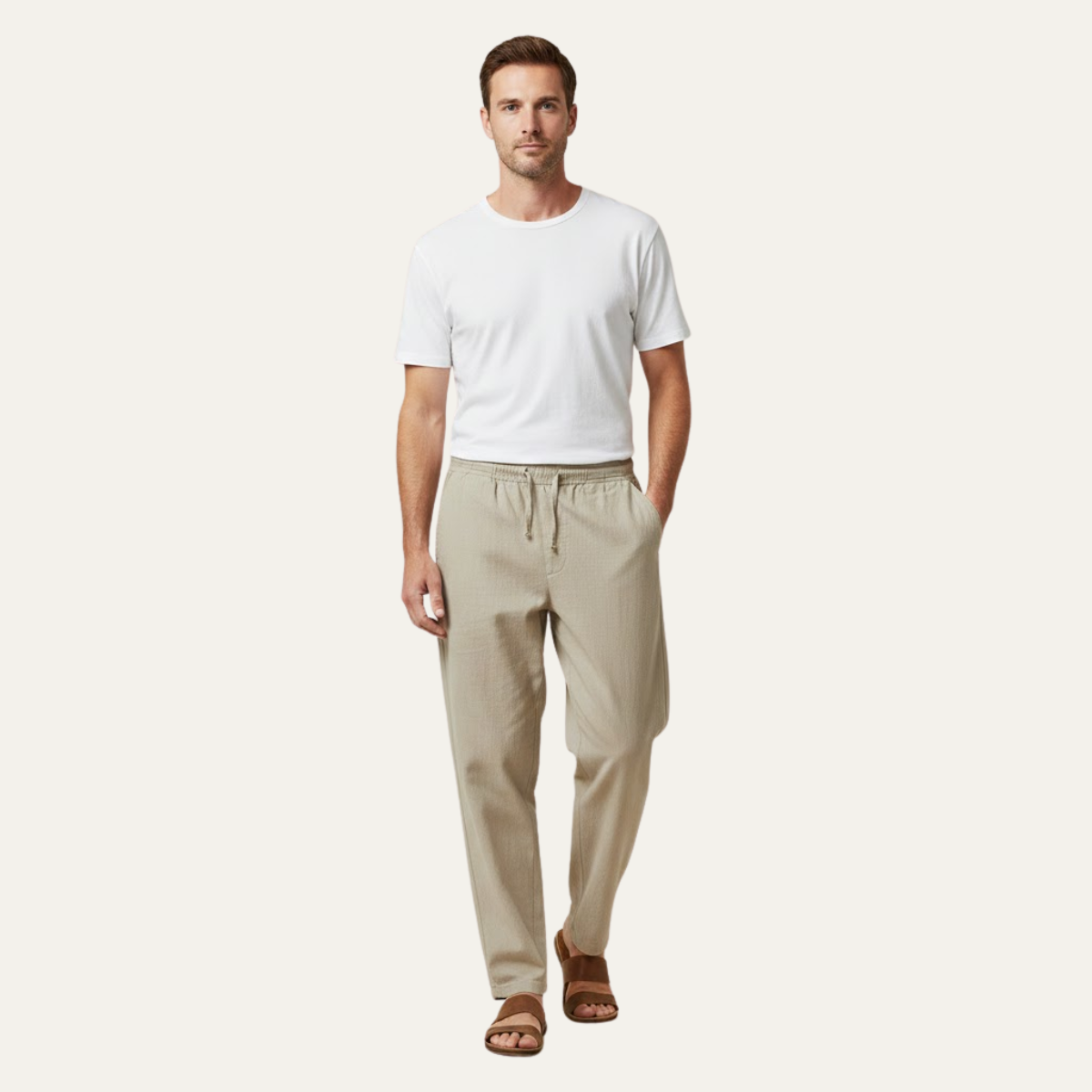 Mens Cotton Linen Drawstring Pants Loose Fit Beige