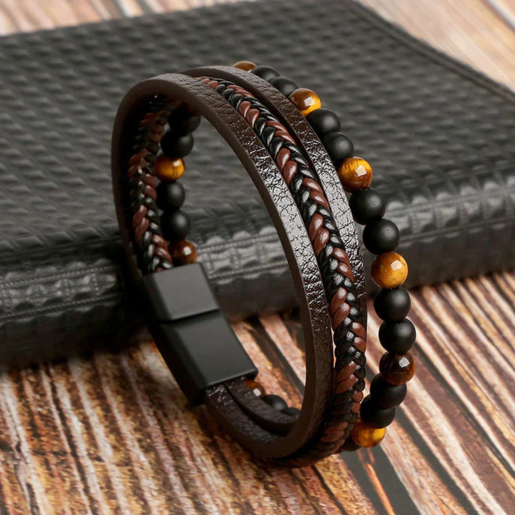 Men's Leather Stone Bead Bracelet - Vonnera