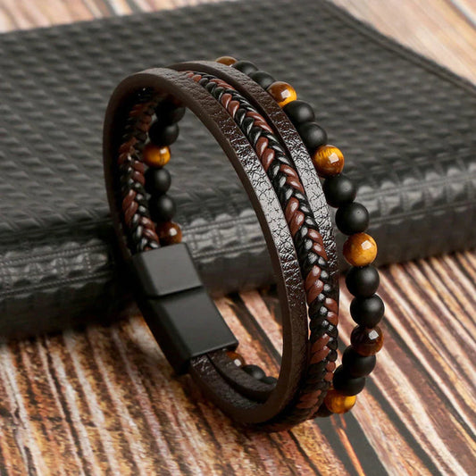 Men's Leather Stone Bead Bracelet - Vonnera