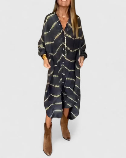 Women's Midi Shirt Dress Tie-Dye Print Cotton Button-Down - Vonnera