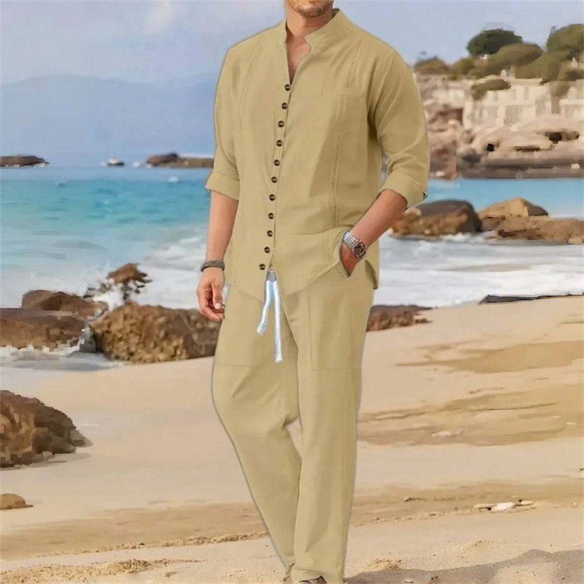 Men's Cotton Linen Shirt Set 2 Piece